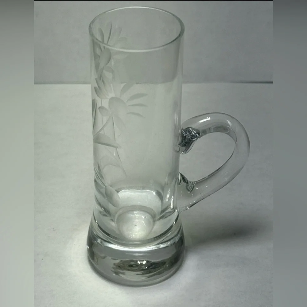 Vintage Etched Floral Hand Blown Shot Cordial Glasses Handles Set of 4, 4" Tall - Picture 7 of 9